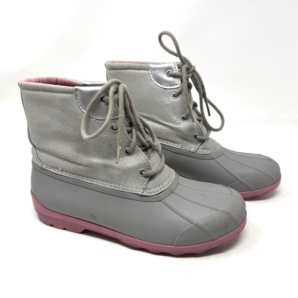 Sperry Port Boot Duck Boots Girls Size 6M Grey Pink Rubber Textile Rain Classic